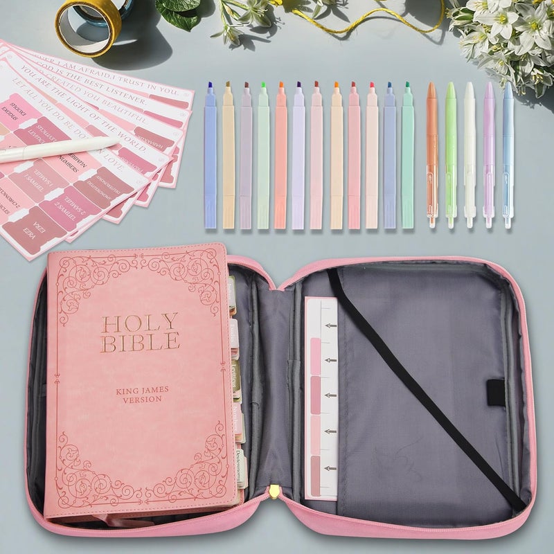 GUEER Bible Cover for Women, Bible Holder, Bible Study Supplies Accessories Bible Cover Carrier Carrying Organizer Bag, Zipper and Pockets for Standard Size Bible, Gift for Women（pinksuit） - Image 4